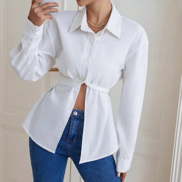 . Tops - White Casual Womens Solid Button Front Belted Shirt